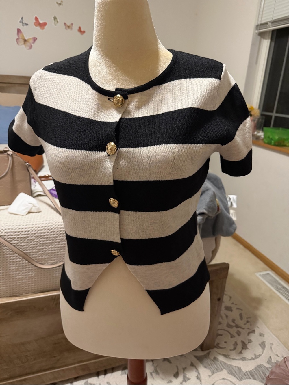 SHEIN Black and Cream Striped Short Sleeve Button Tank Top